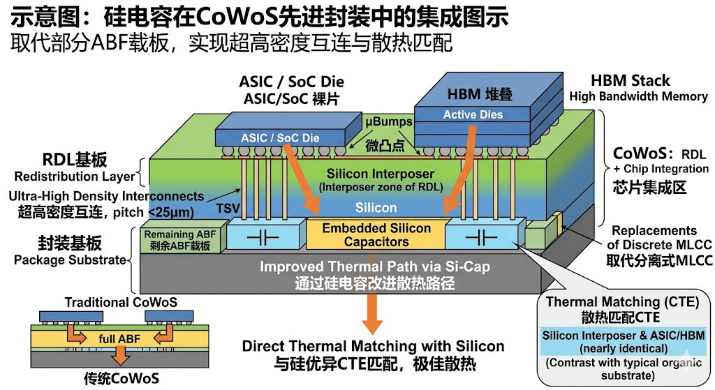 硅电容在 CoWoS 先进封装中与 ASIC/HBM 集成的结构示意