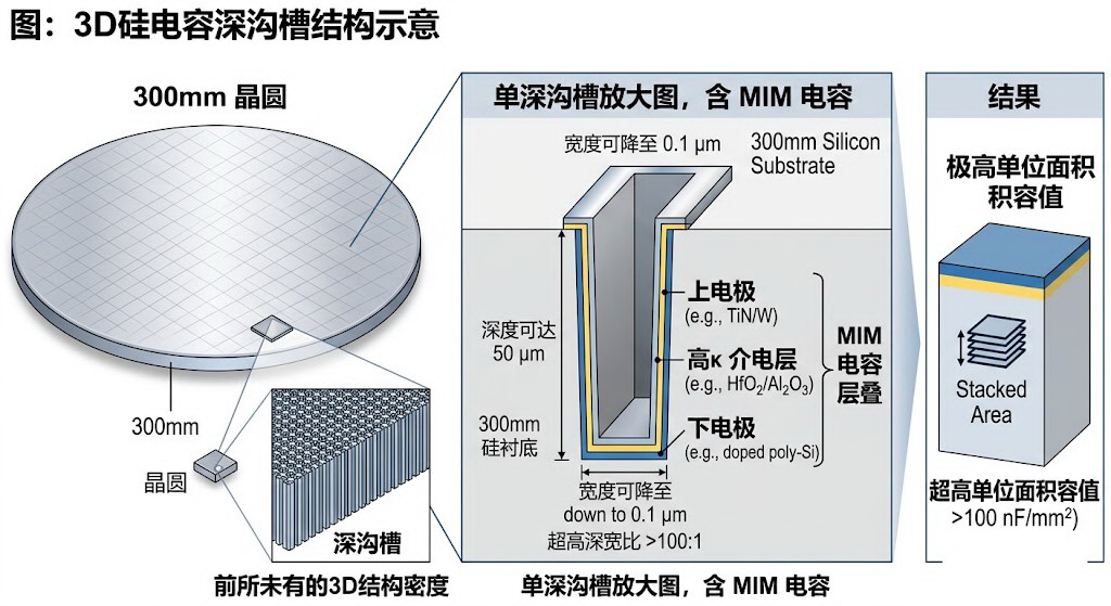 3D 硅电容深沟槽结构示意图：300mm 晶圆、单深沟槽放大图含 MIM 电容层与衬底